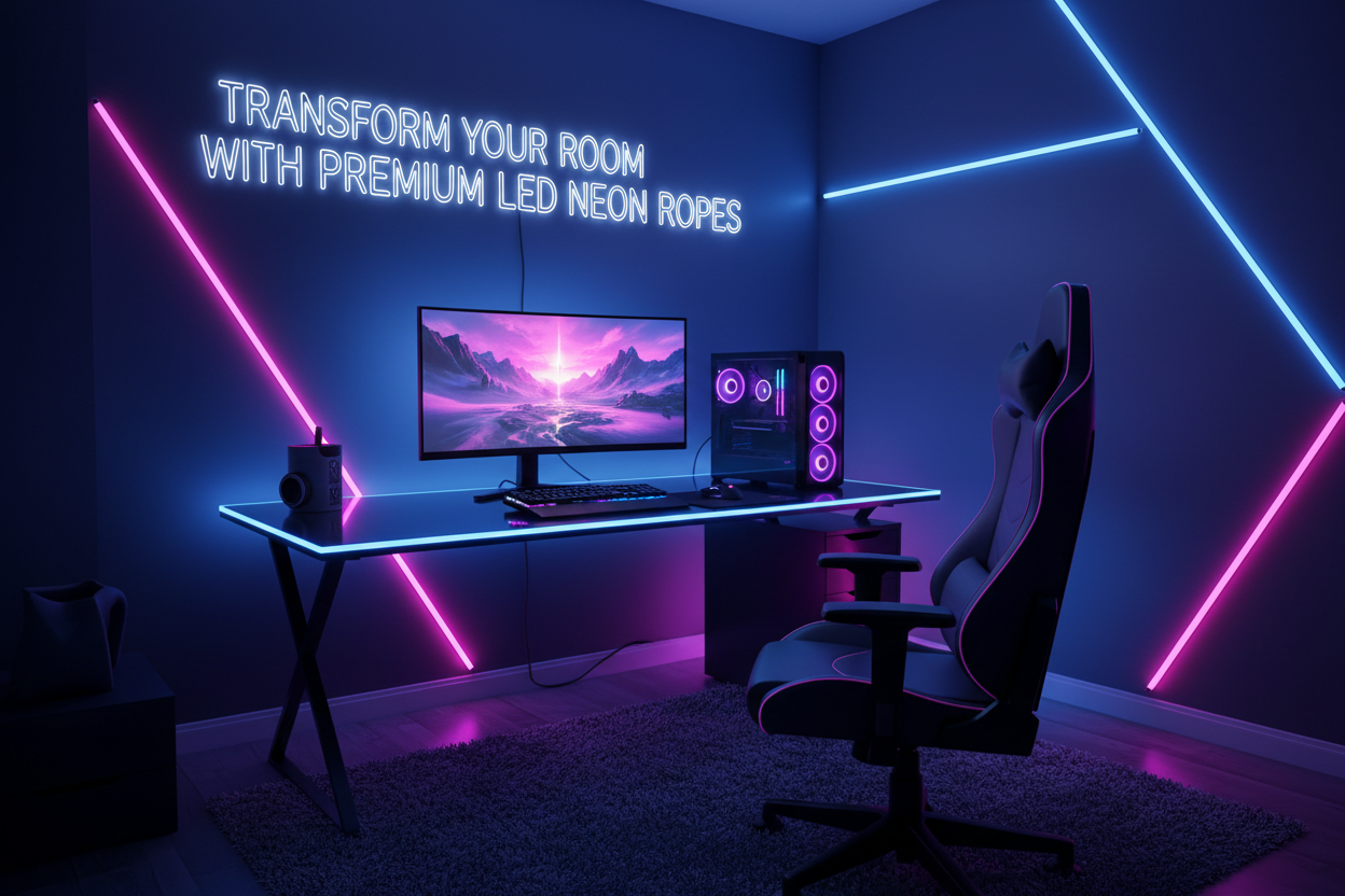 Generate an image that includes led rope in a room next to a pc setup and have it say “ Transform Your Room With Premium LED Neon Ropes” with colors that bring in eyes and sells